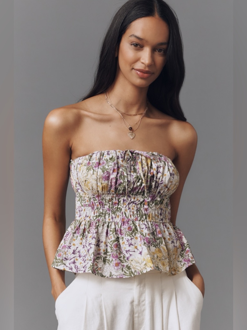 NWT ANTHROPOLOGIE The Somerset Strapless Blouse Yellow Floral XL